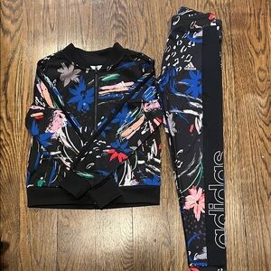 Adidas Kids' Black and Blue Floral Track Set Suit Size S 7-8